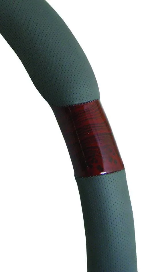 38cm Steering Wheel Cover - Perforated Soft Leather Feel With Dark Wood Grain [Dark Grey]