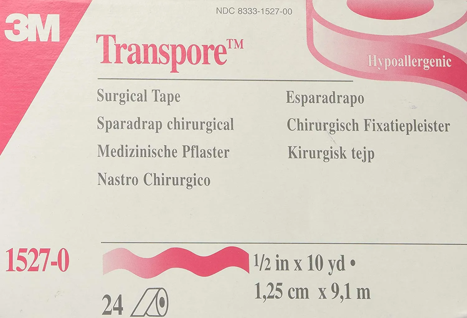 3M-1527-0 3M Transpore Medical/Surgical Tape 1/2 Inch x 10 Yards - 1/Box of 24 Rolls