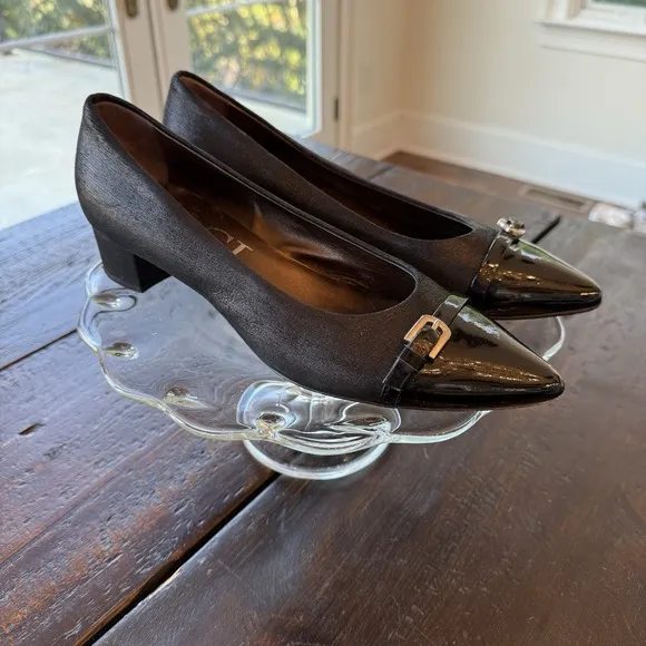 AGL Attilio Giusti Leombruni Black Pump Block Heel  Cap Buckle Point Toe 40/9.5