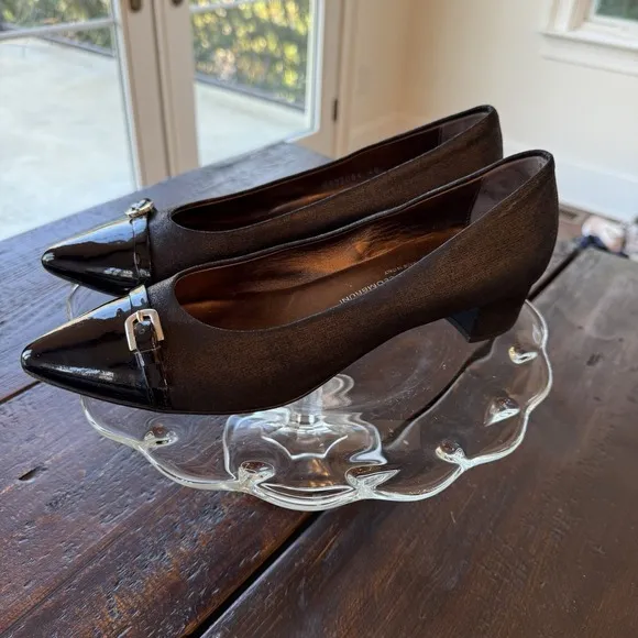 AGL Attilio Giusti Leombruni Black Pump Block Heel  Cap Buckle Point Toe 40/9.5