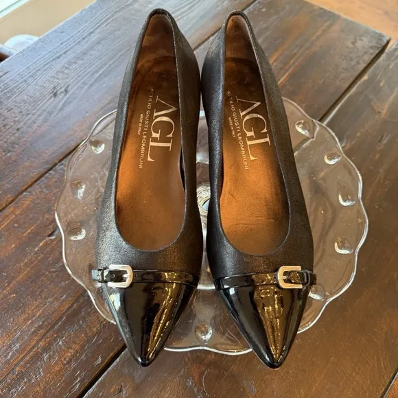 AGL Attilio Giusti Leombruni Black Pump Block Heel  Cap Buckle Point Toe 40/9.5