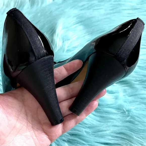 ANTONIO MELANI PATENT LEATHER Black Peep Toe Bow Heels Womens 7.5