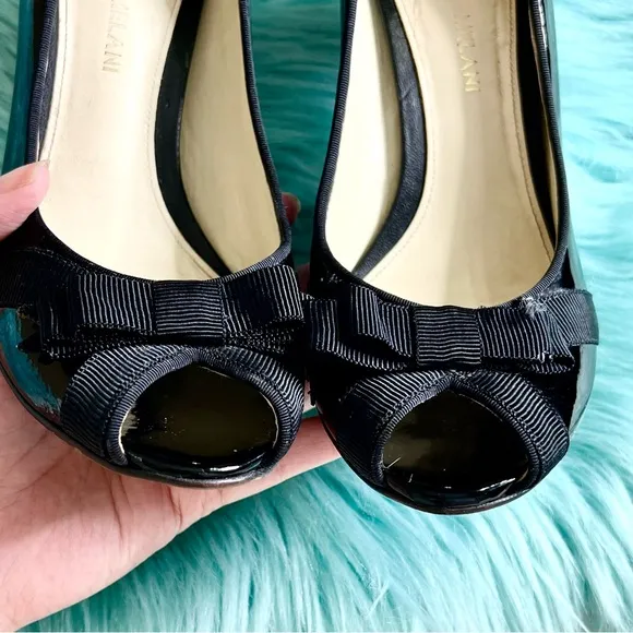 ANTONIO MELANI PATENT LEATHER Black Peep Toe Bow Heels Womens 7.5