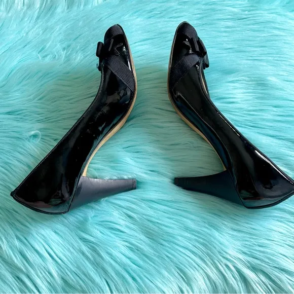 ANTONIO MELANI PATENT LEATHER Black Peep Toe Bow Heels Womens 7.5
