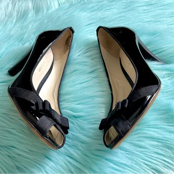 ANTONIO MELANI PATENT LEATHER Black Peep Toe Bow Heels Womens 7.5