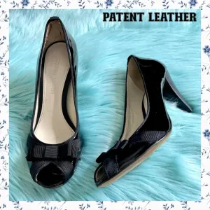 ANTONIO MELANI PATENT LEATHER Black Peep Toe Bow Heels Womens 7.5