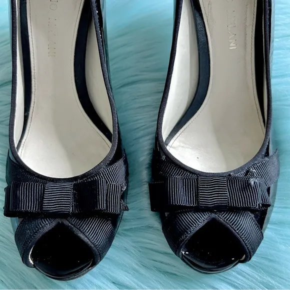 ANTONIO MELANI PATENT LEATHER Black Peep Toe Bow Heels Womens 7.5