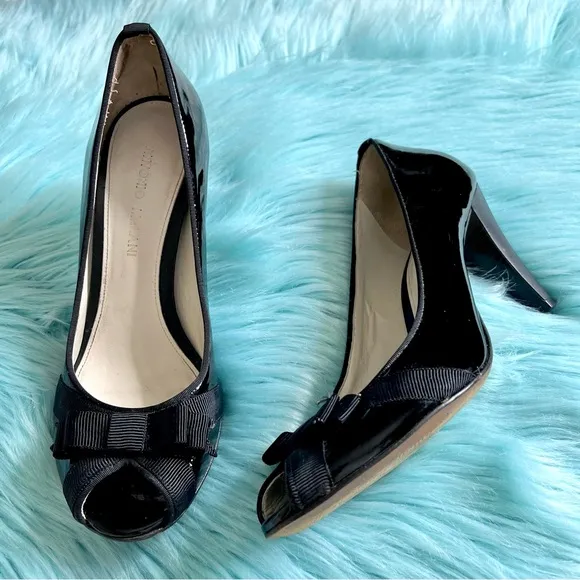 ANTONIO MELANI PATENT LEATHER Black Peep Toe Bow Heels Womens 7.5