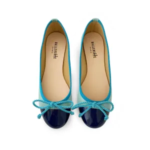 Aquamarine leather ballet flats with turquoise toe and bow