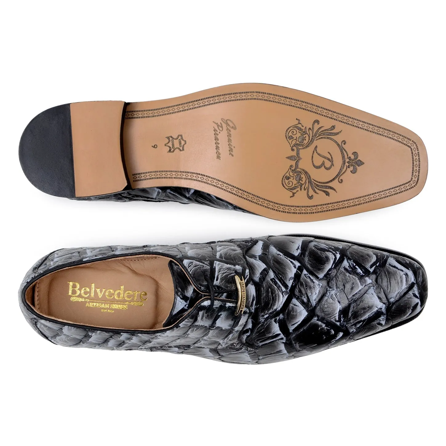 Belvedere Renzo in Ivory / Black Exotic Pirarucu Lace-Up Derby Shoes
