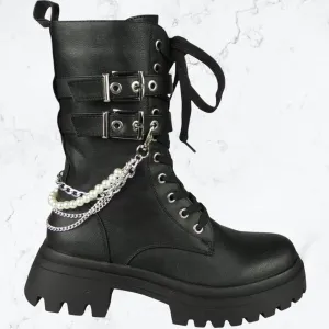 Black Faux Leather Pearl Chain Combat Boots