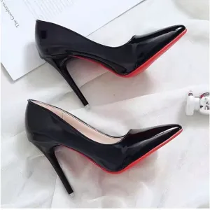 Black patent leather, high heels with red bottom.I get so many compliments