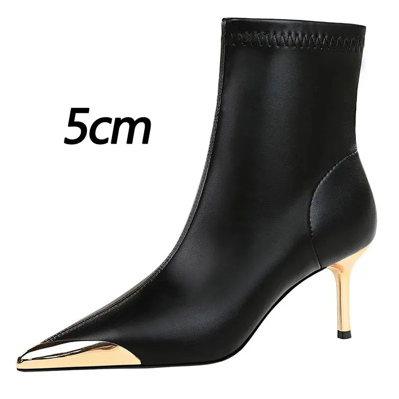 Boots Metal Pointed tip Women Boots Fashion Leather Boots High Heels Stilettos New Women Ankle Boots