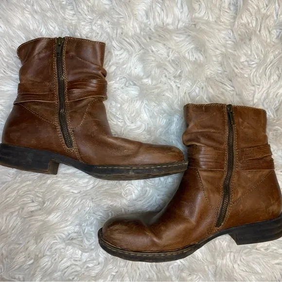 Born Mollie Bootie Brown Leather Ankle Boots with Tassel and Ruched Shaft