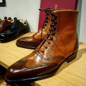 Brown Handcrafted Leather Wingtip Ankle Boots for Men
