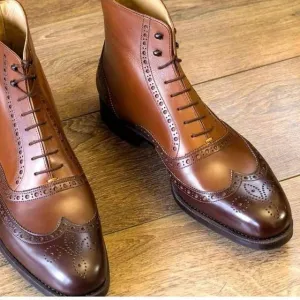 Brown Leather Wingtip Ankle Boots for Men - Handcrafted Brogue Design