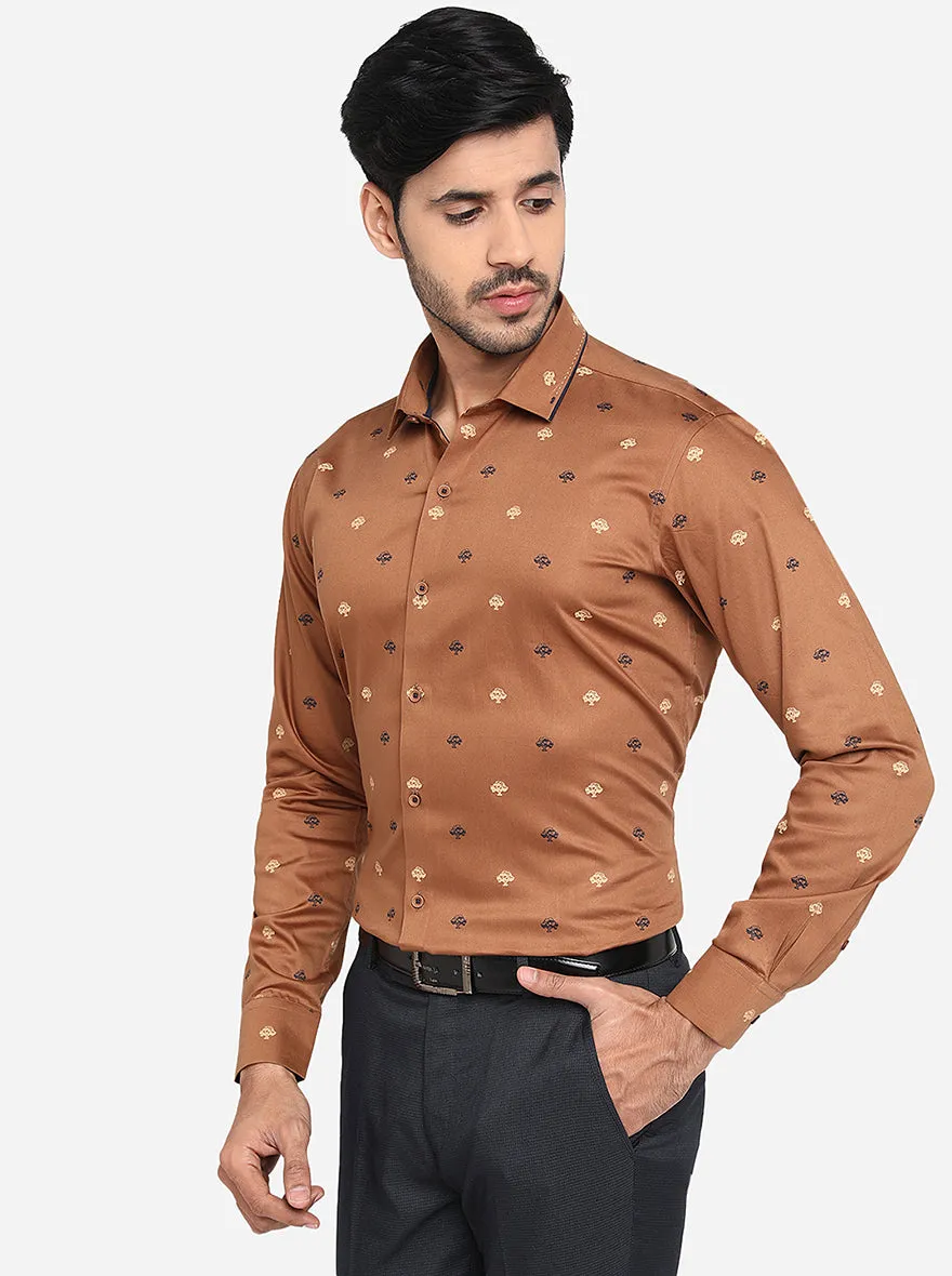 Brown Printed Slim Fit Party Wear Shirt | JB Studio