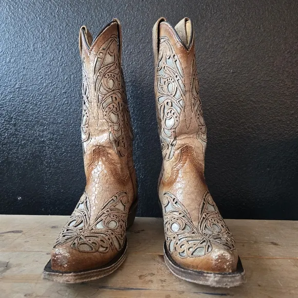 Corral Teens T0080 Shiny Inlay Western Boots Snip Toe 2.5