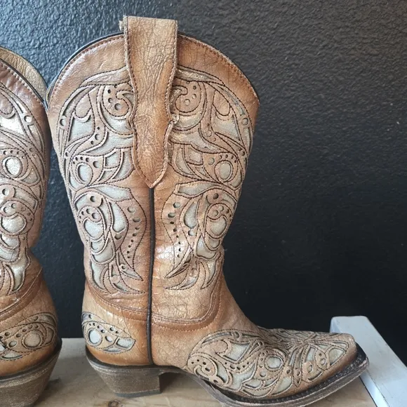 Corral Teens T0080 Shiny Inlay Western Boots Snip Toe 2.5