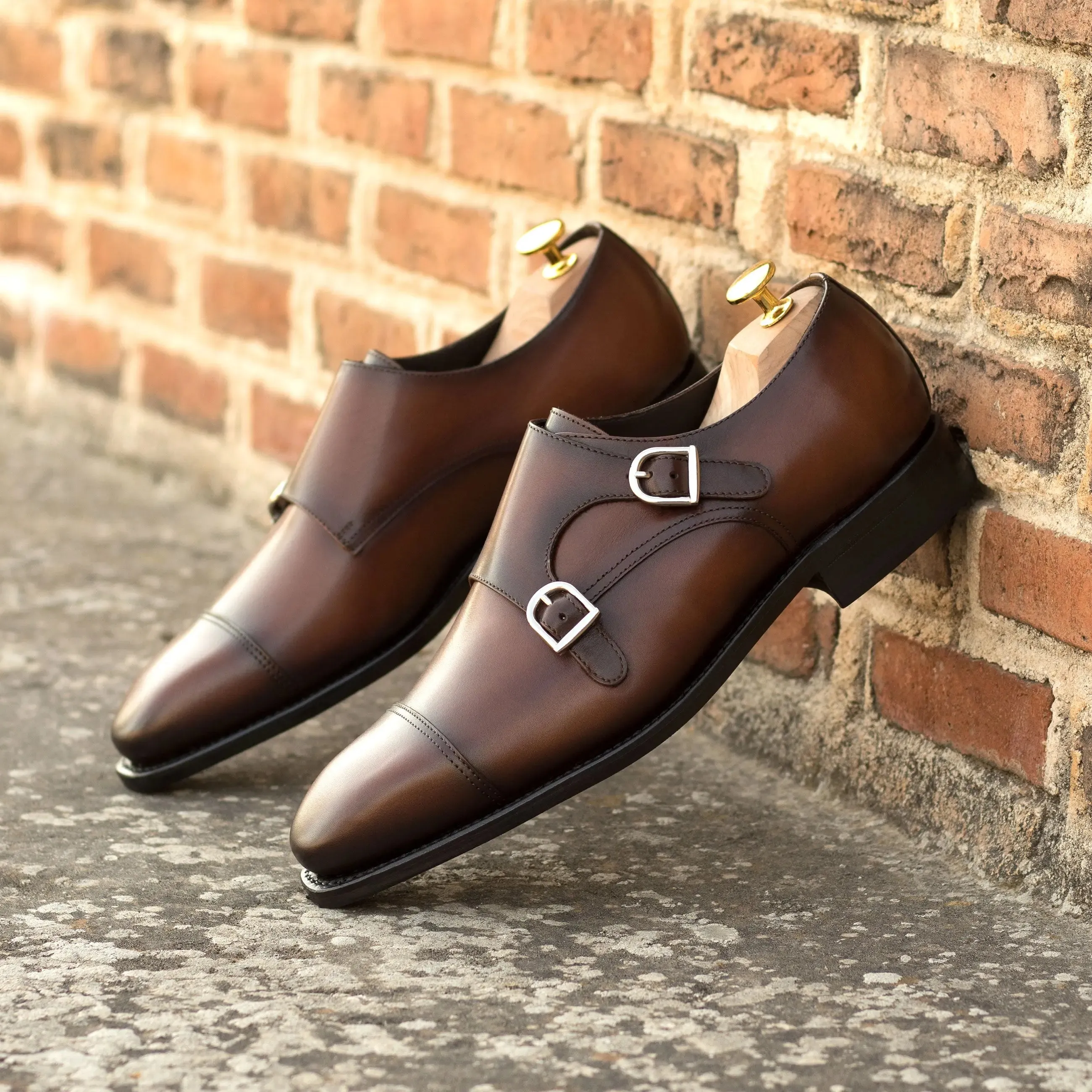 DapperFam Monaco in Med Brown Men's Italian Leather Double Monk