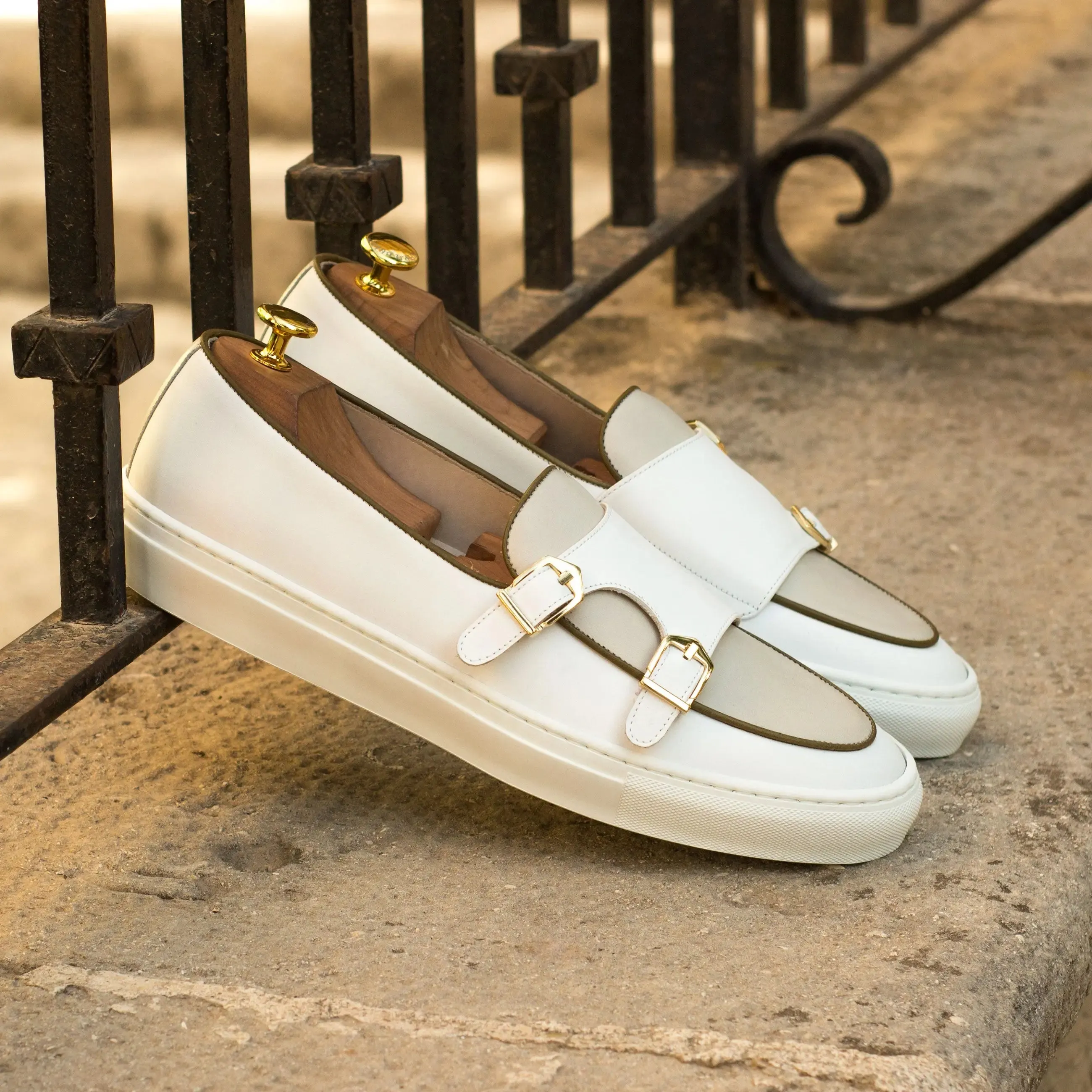 DapperFam Riviera in White / Nude Men's Italian Leather Monk Sneaker