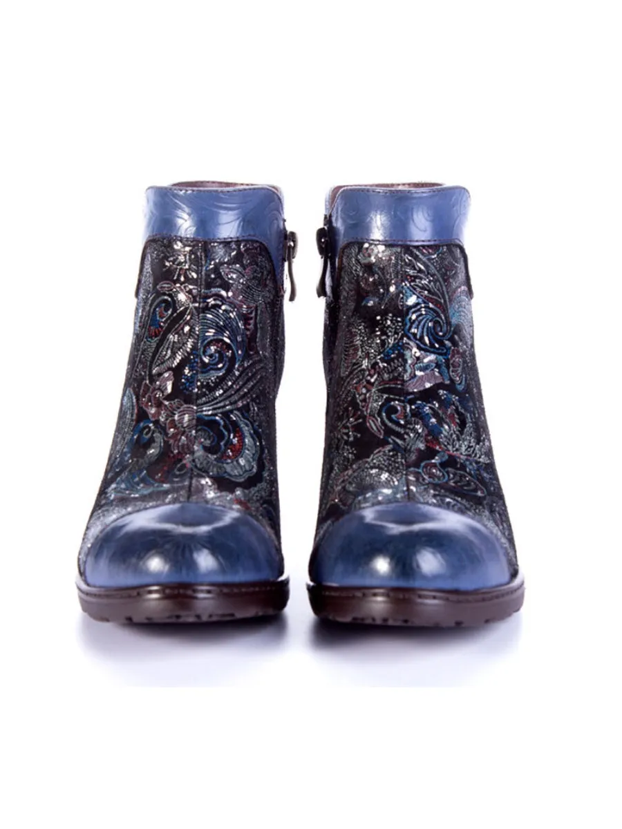 Dark Navy Galaxy Embossed Leather Ankle Boots