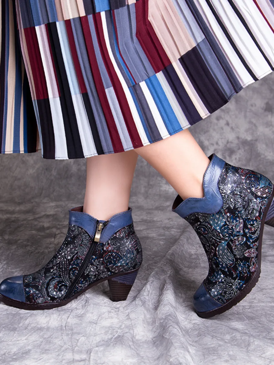 Dark Navy Galaxy Embossed Leather Ankle Boots