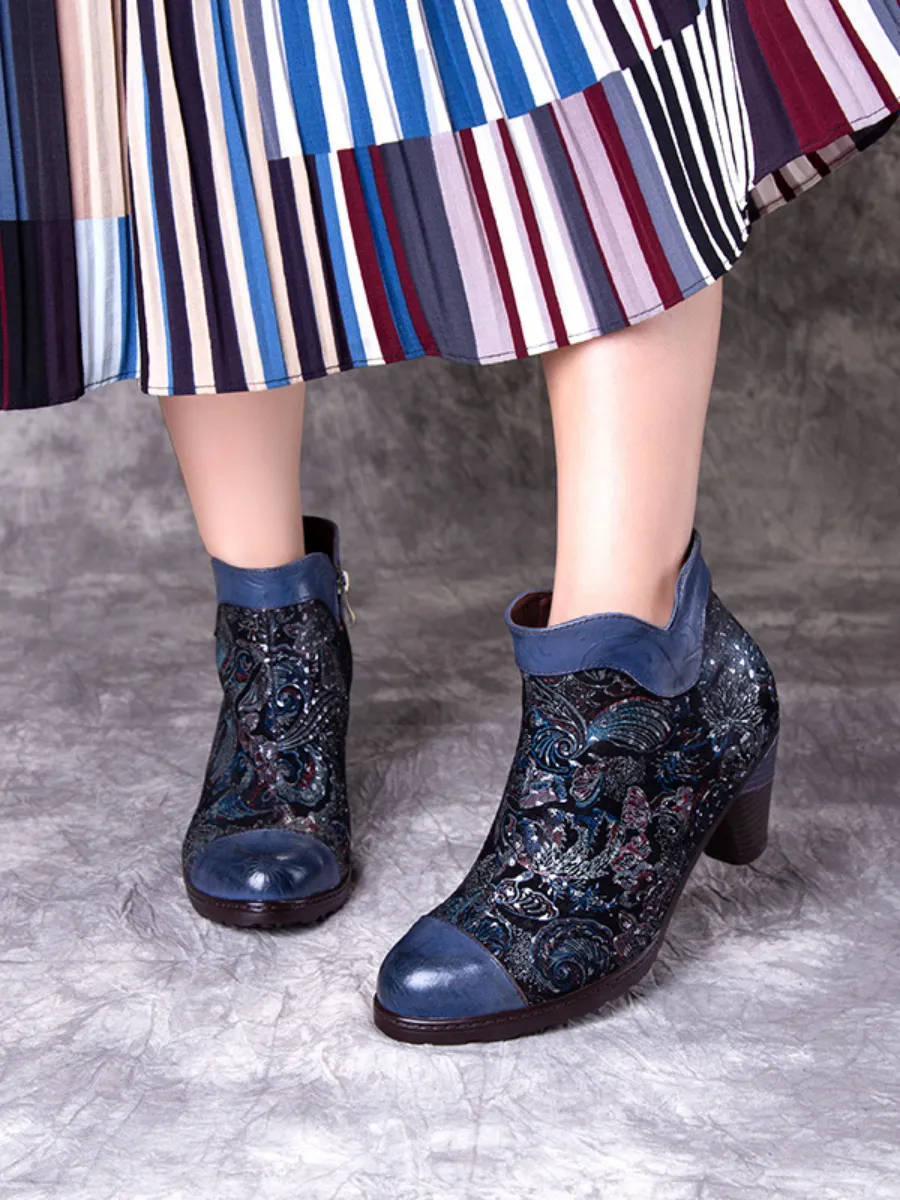 Dark Navy Galaxy Embossed Leather Ankle Boots