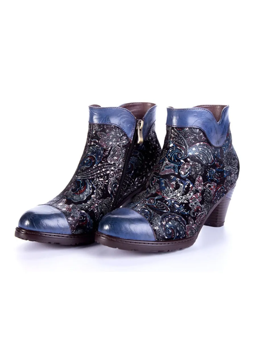 Dark Navy Galaxy Embossed Leather Ankle Boots