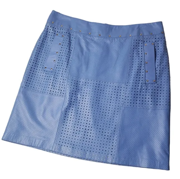 Etcetera Leather Laser Cut Perforated Studded Exposed Zipper Front Pockets Skirt