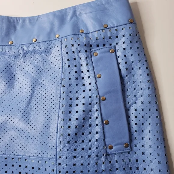 Etcetera Leather Laser Cut Perforated Studded Exposed Zipper Front Pockets Skirt