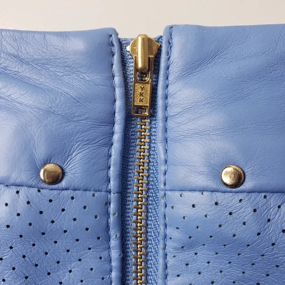 Etcetera Leather Laser Cut Perforated Studded Exposed Zipper Front Pockets Skirt