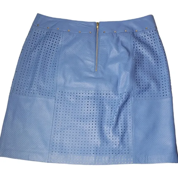 Etcetera Leather Laser Cut Perforated Studded Exposed Zipper Front Pockets Skirt