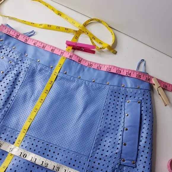 Etcetera Leather Laser Cut Perforated Studded Exposed Zipper Front Pockets Skirt