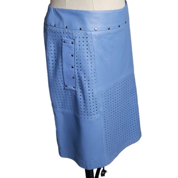 Etcetera Leather Laser Cut Perforated Studded Exposed Zipper Front Pockets Skirt