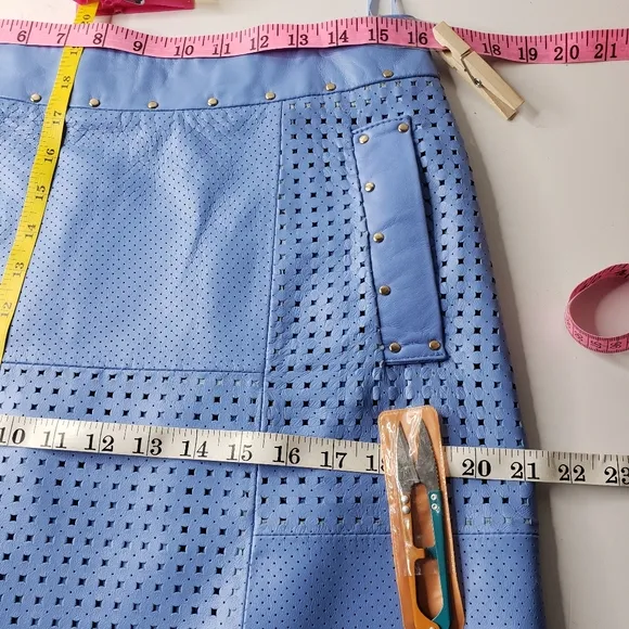 Etcetera Leather Laser Cut Perforated Studded Exposed Zipper Front Pockets Skirt