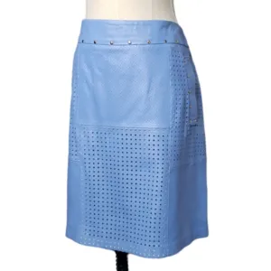 Etcetera Leather Laser Cut Perforated Studded Exposed Zipper Front Pockets Skirt