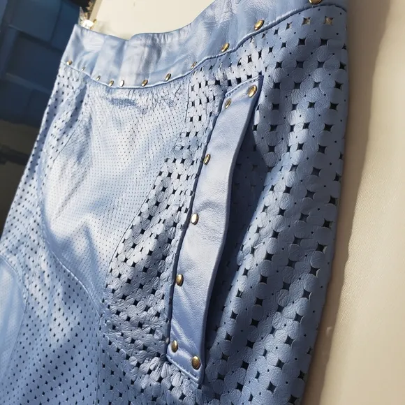 Etcetera Leather Laser Cut Perforated Studded Exposed Zipper Front Pockets Skirt