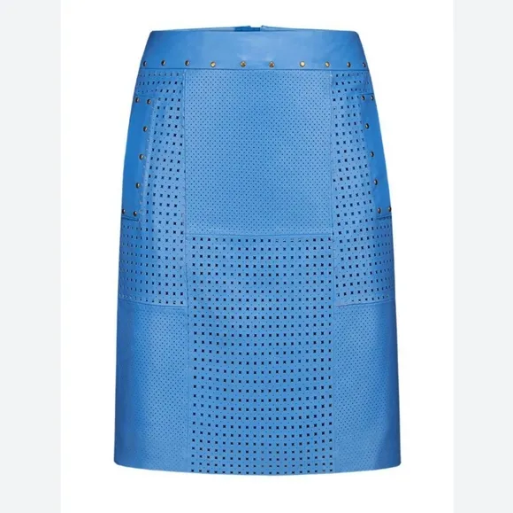 Etcetera Leather Laser Cut Perforated Studded Exposed Zipper Front Pockets Skirt