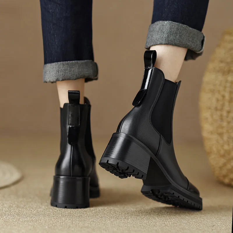 Genuine Leather Retro Round Toe Ankle Boots with Chunky Heels