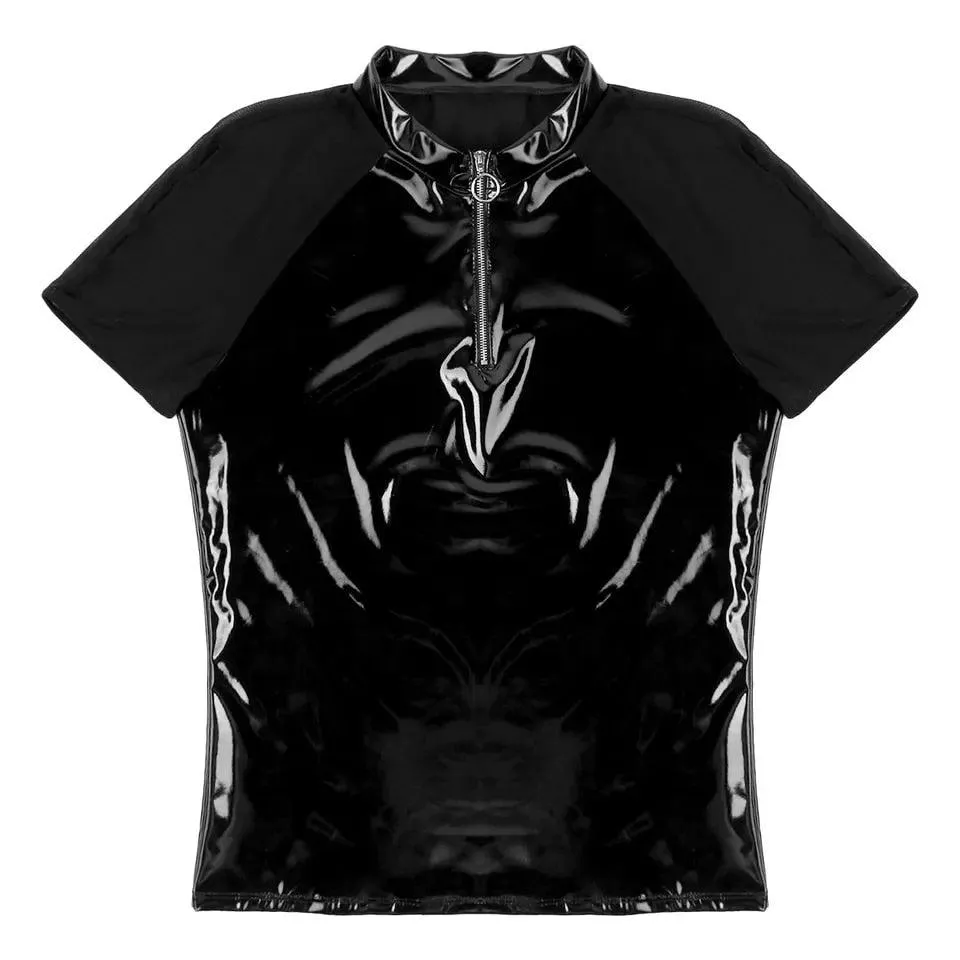 Glossy PVC Leather Short-sleeved Shirt Shaping Sheath Bodycon Patent Leather Top