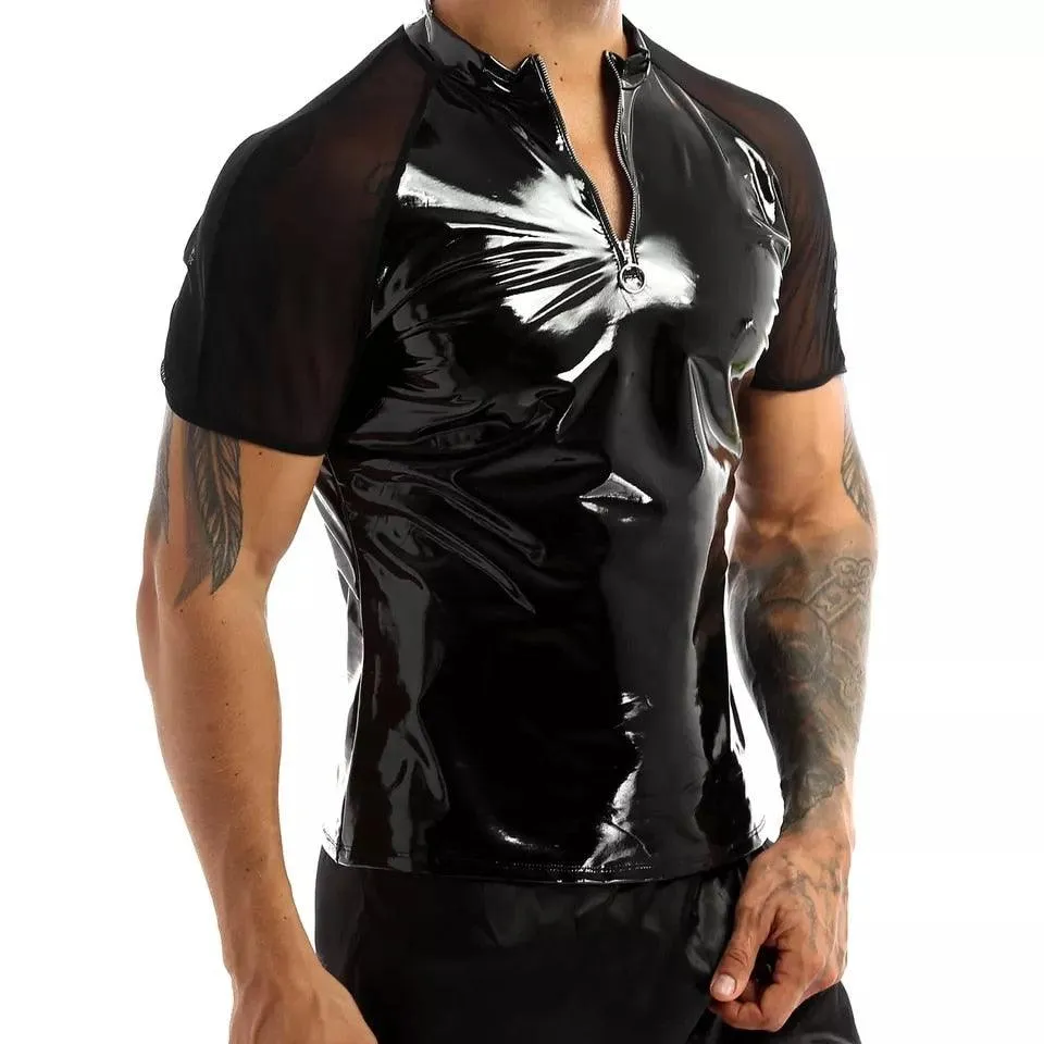 Glossy PVC Leather Short-sleeved Shirt Shaping Sheath Bodycon Patent Leather Top