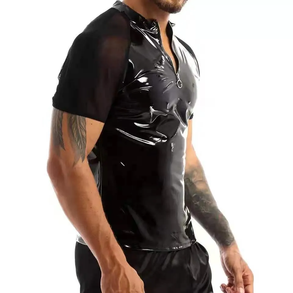 Glossy PVC Leather Short-sleeved Shirt Shaping Sheath Bodycon Patent Leather Top