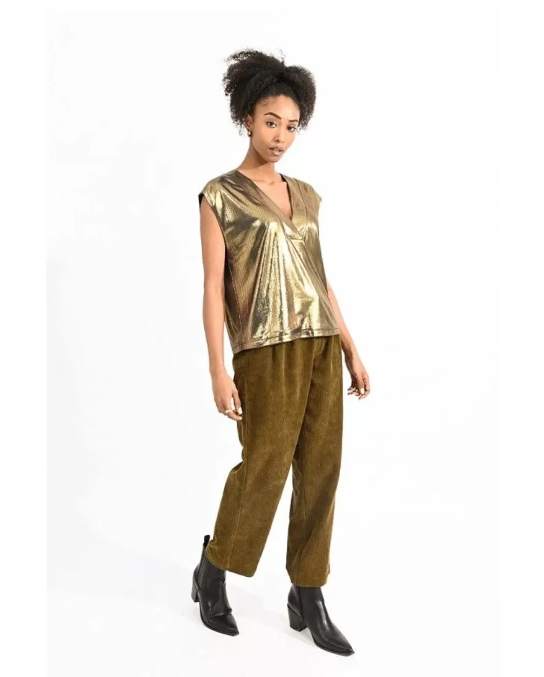 Gold S/S V-Neck Top - Final Sale