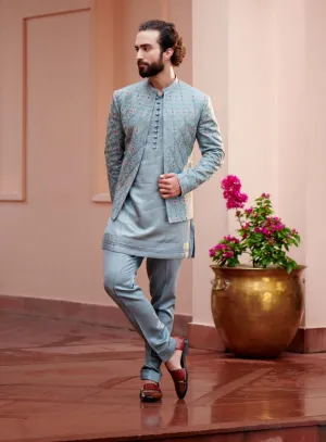 Grey Short Jacket With Kurta And Trouser