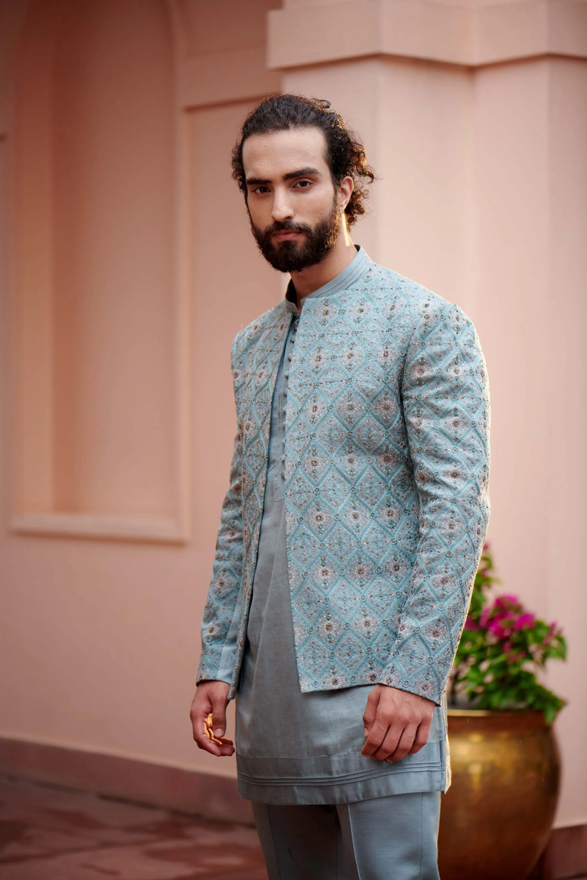 Grey Short Jacket With Kurta And Trouser