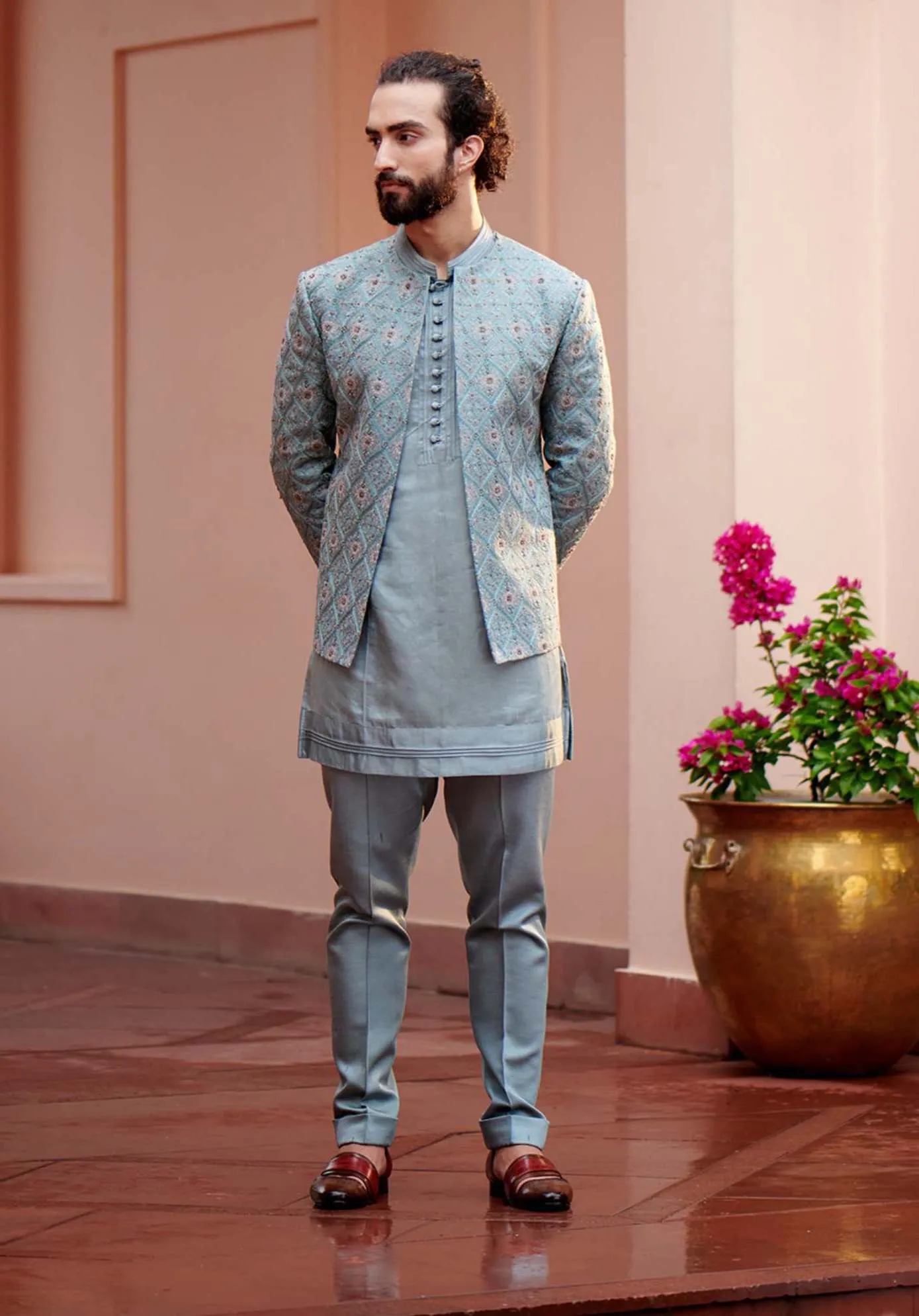 Grey Short Jacket With Kurta And Trouser