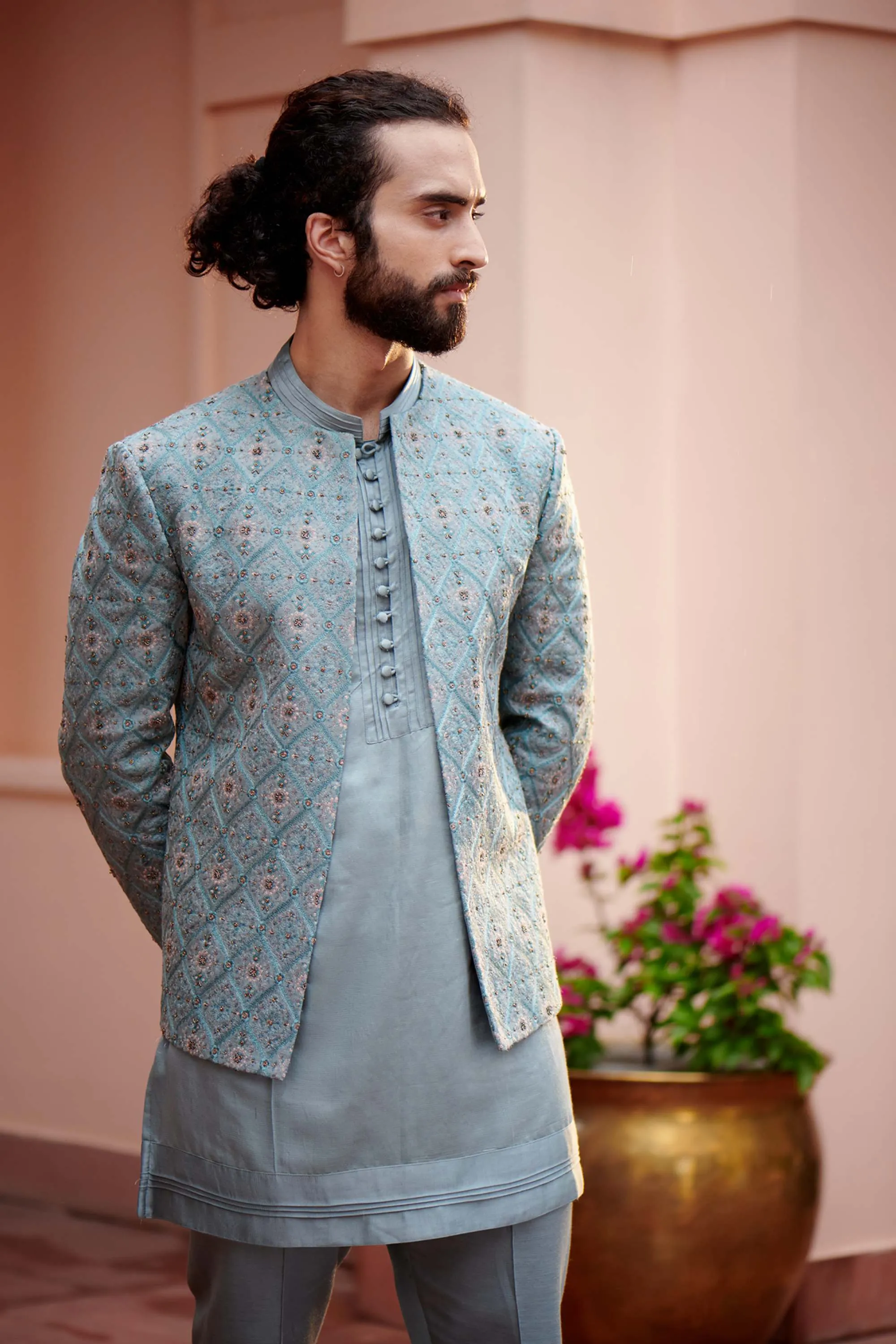 Grey Short Jacket With Kurta And Trouser