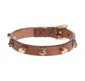 Gucci Studded Feline Head Leather Bracelet in Brown