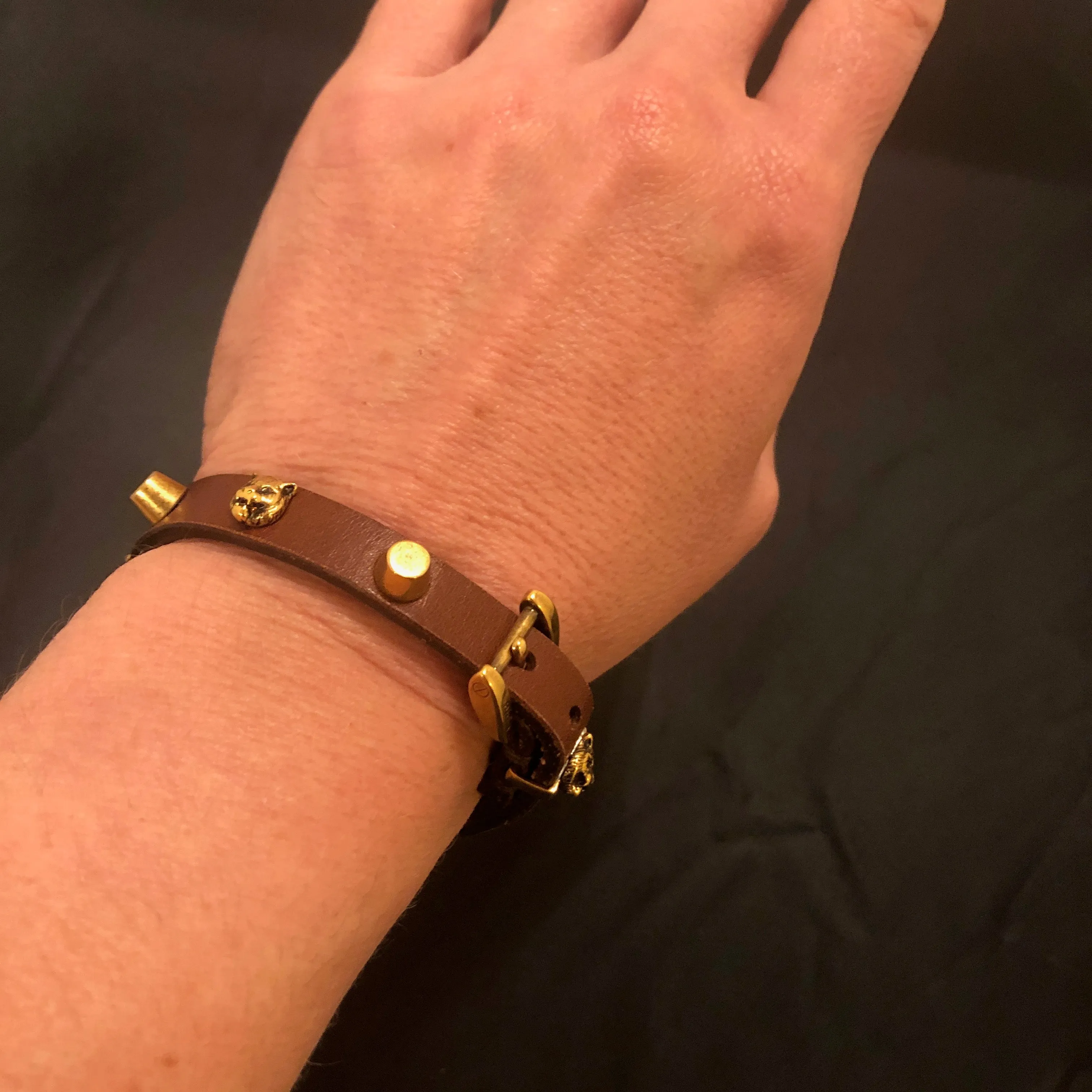 Gucci Studded Feline Head Leather Bracelet in Brown